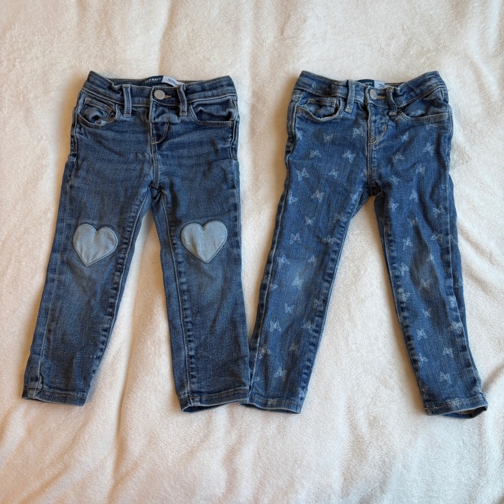 Old Navy Kids Skinny Jeans Set 2T Heart Patch Butterfly Print Denim Blue
